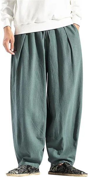 Ymosrh Khaki Jeans for Men Casual Loose Solid Color Linen Harem Pants Cotton Casual Trousers Wide Leg Pants Cargo