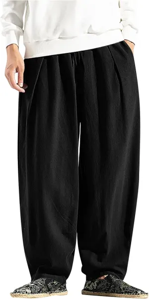 Ymosrh Khaki Jeans for Men Casual Loose Solid Color Linen Harem Pants Cotton Casual Trousers Wide Leg Pants Cargo