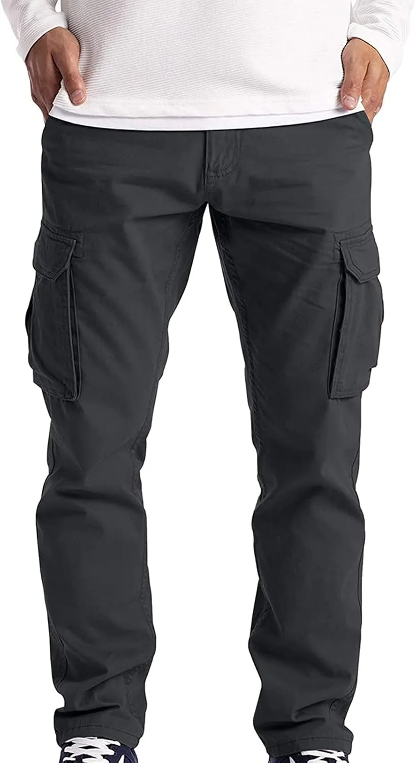 Ymosrh Mens Large Tall Pants Men's Slim Fashion Solid Color Casual Pants Multi Pocket Straight Cargo Pants Stretch