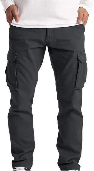 Ymosrh Mens Large Tall Pants Men's Slim Fashion Solid Color Casual Pants Multi Pocket Straight Cargo Pants Stretch