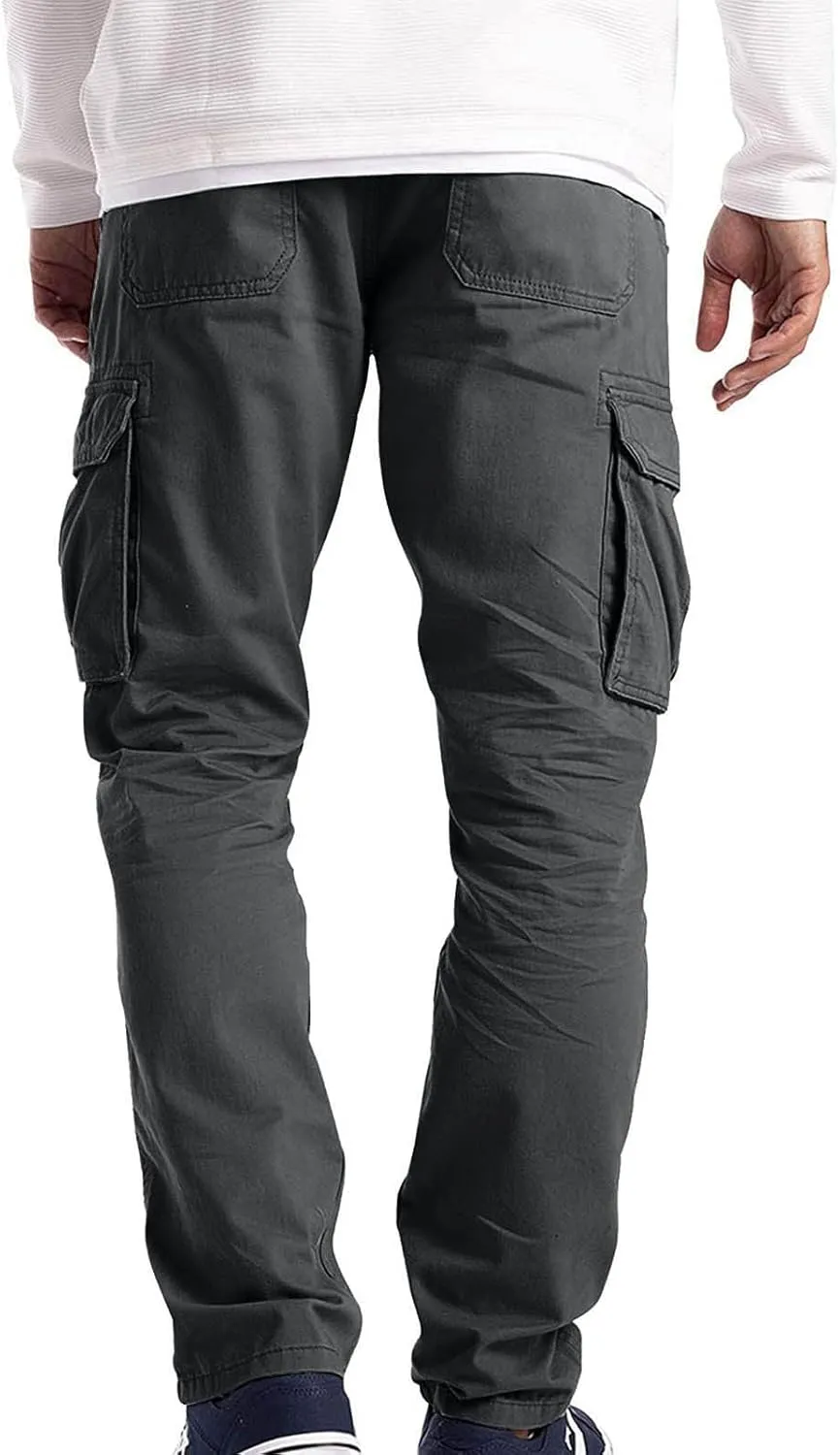 Ymosrh Mens Large Tall Pants Men's Slim Fashion Solid Color Casual Pants Multi Pocket Straight Cargo Pants Stretch