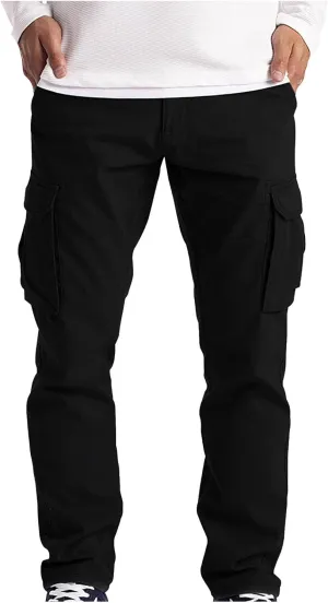Ymosrh Mens Large Tall Pants Men's Slim Fashion Solid Color Casual Pants Multi Pocket Straight Cargo Pants Stretch