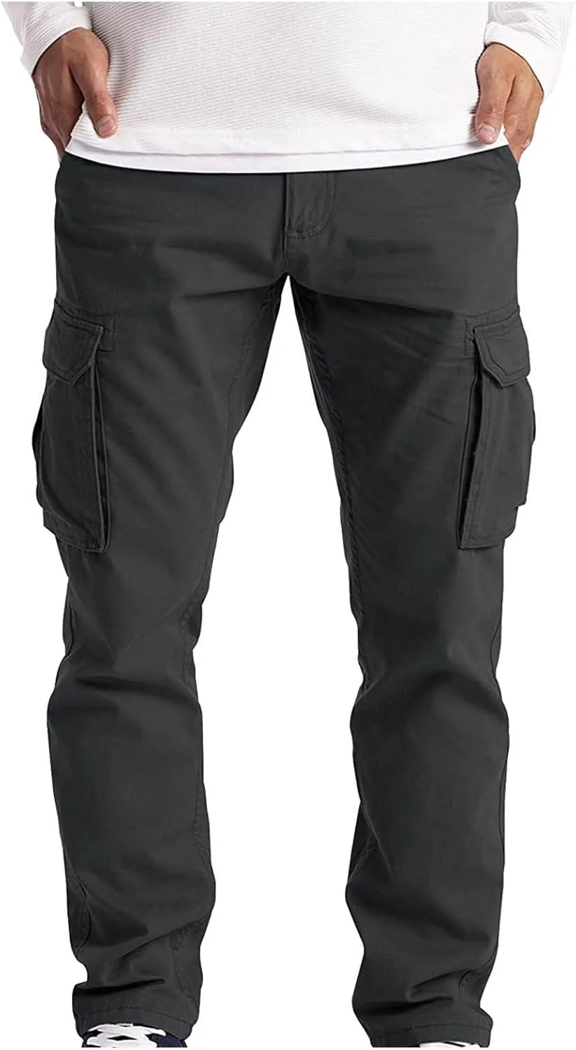 Ymosrh Mens Large Tall Pants Men's Slim Fashion Solid Color Casual Pants Multi Pocket Straight Cargo Pants Stretch