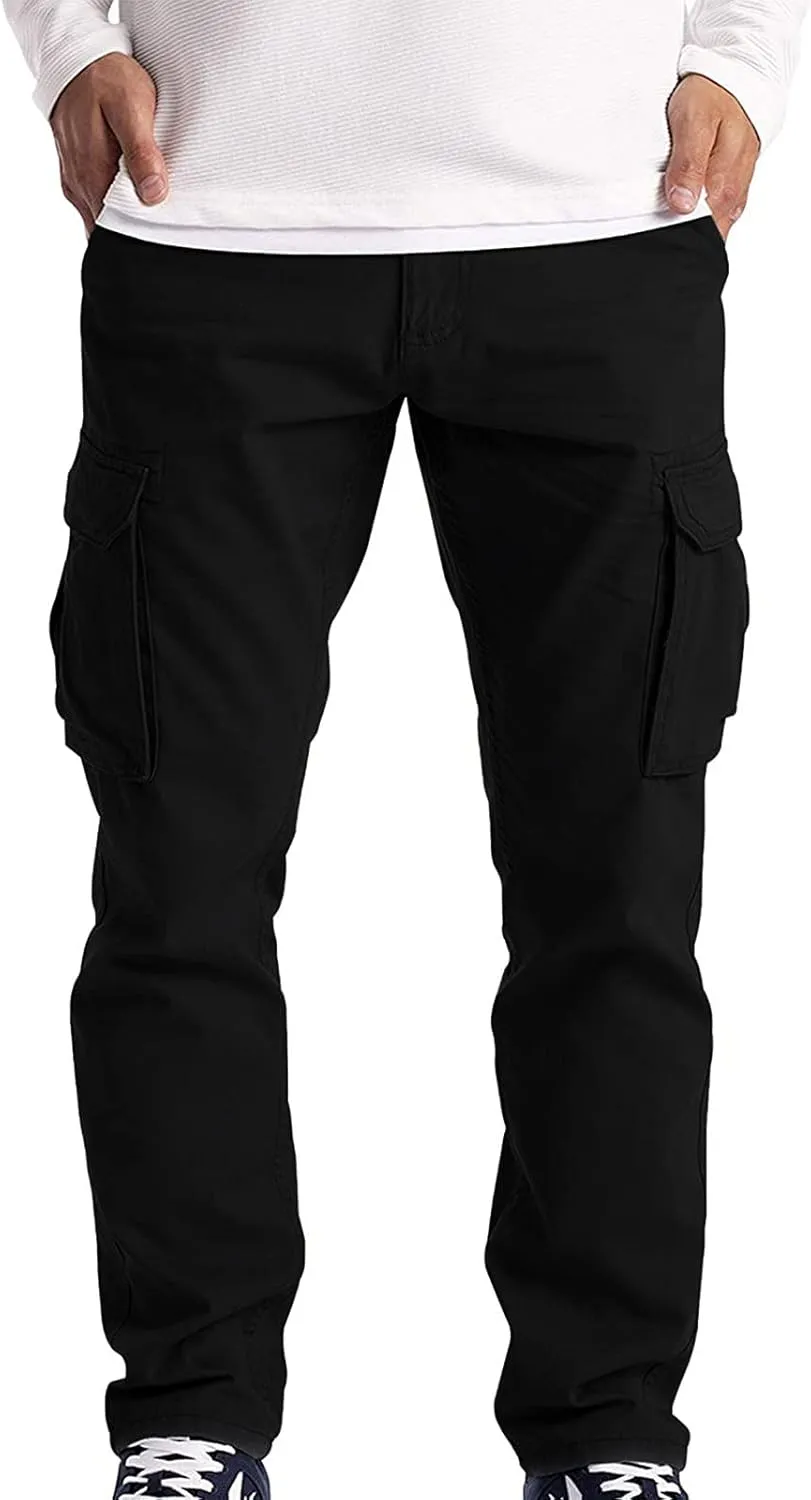 Ymosrh Mens Large Tall Pants Men's Slim Fashion Solid Color Casual Pants Multi Pocket Straight Cargo Pants Stretch