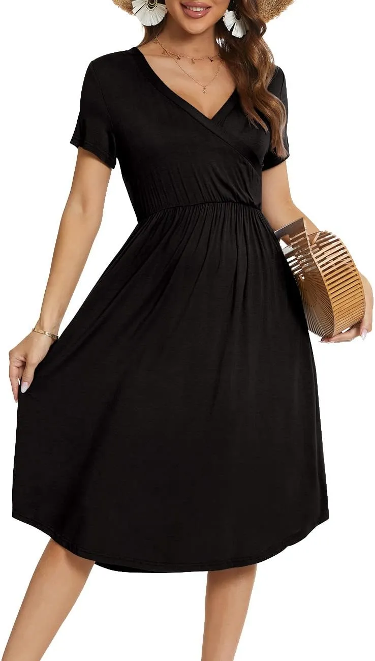 YUNDAI Womens Dress Mini Casual Loose Short Sleeve Polka Dot Knee Length Dresses with Pockets