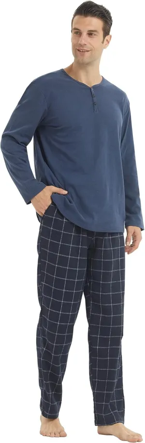 YUSHOW Mens Pajama Set Long Sleeve Henley Neck Button Top Plaid Pants Soft Warm Loungewear Sleepwear Set