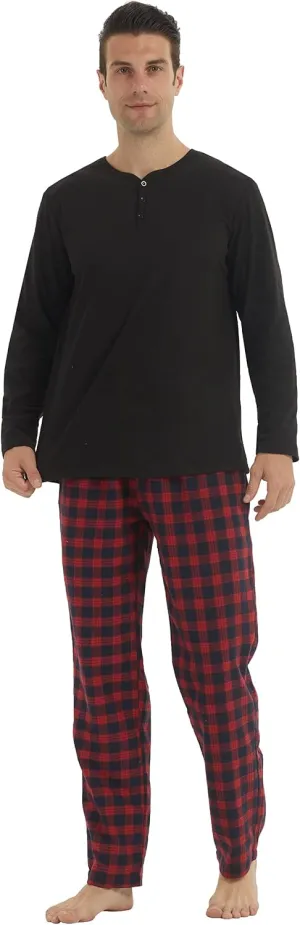 YUSHOW Mens Pajama Set Long Sleeve Henley Neck Button Top Plaid Pants Soft Warm Loungewear Sleepwear Set