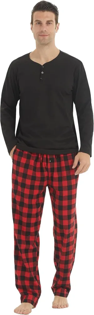 YUSHOW Mens Pajama Set Long Sleeve Henley Neck Button Top Plaid Pants Soft Warm Loungewear Sleepwear Set