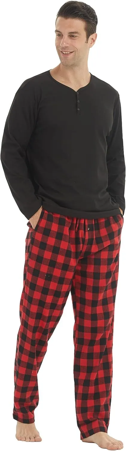 YUSHOW Mens Pajama Set Long Sleeve Henley Neck Button Top Plaid Pants Soft Warm Loungewear Sleepwear Set