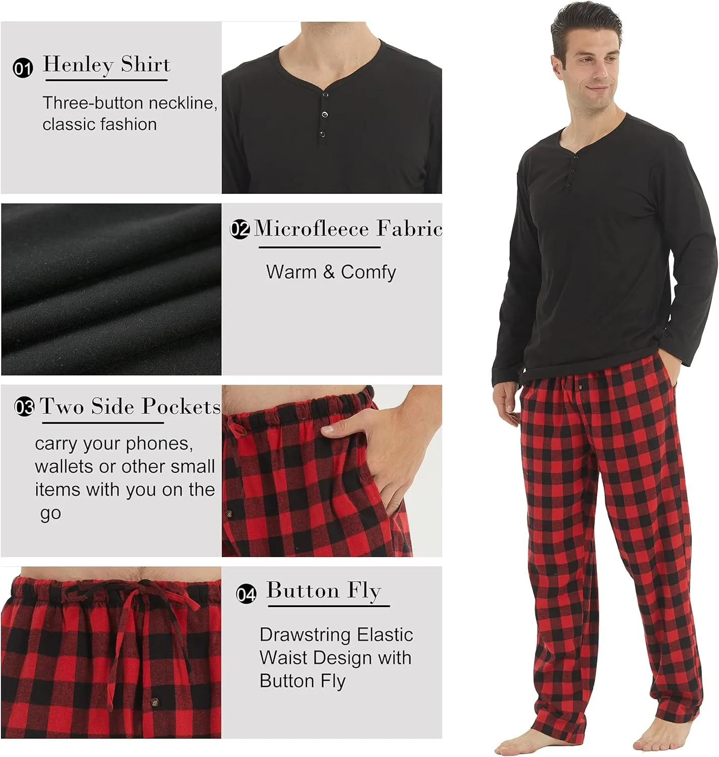 YUSHOW Mens Pajama Set Long Sleeve Henley Neck Button Top Plaid Pants Soft Warm Loungewear Sleepwear Set
