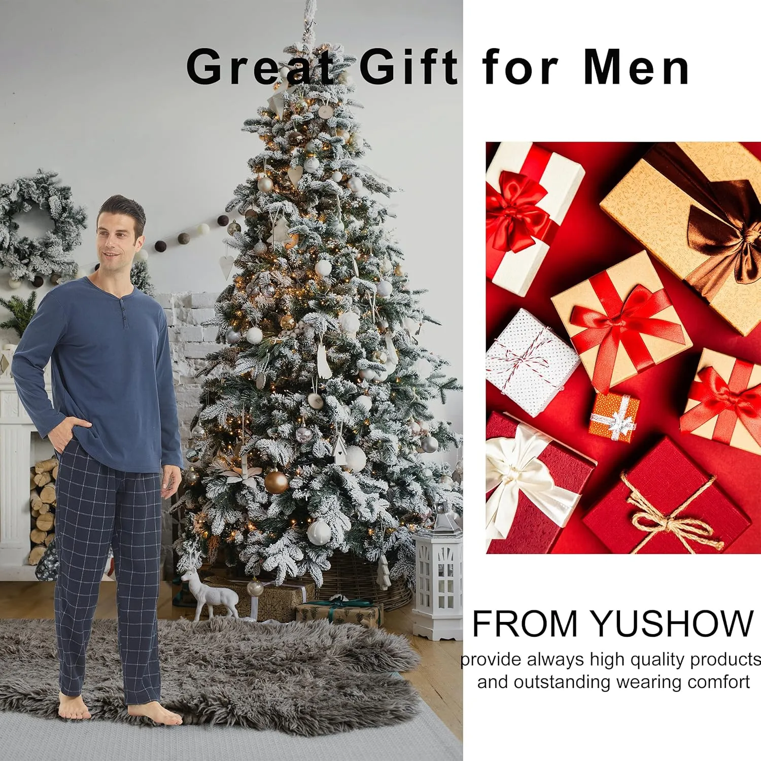 YUSHOW Mens Pajama Set Long Sleeve Henley Neck Button Top Plaid Pants Soft Warm Loungewear Sleepwear Set