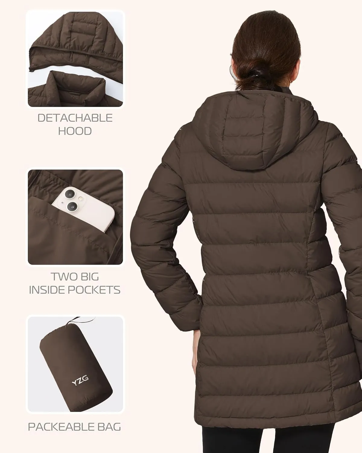 YZG Women's Warm Lightweight Long Down Jacket Warm Quilted Puffer Coat with Hood Removable