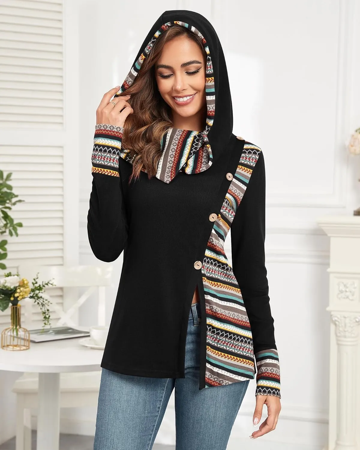 ZAFUL Women's Hoodies Long Sleeve Cowl Neck Button Hooded Shirts Knit Tops 2024 Fall Outfits Casual Boho Pullover Sweatshirt
