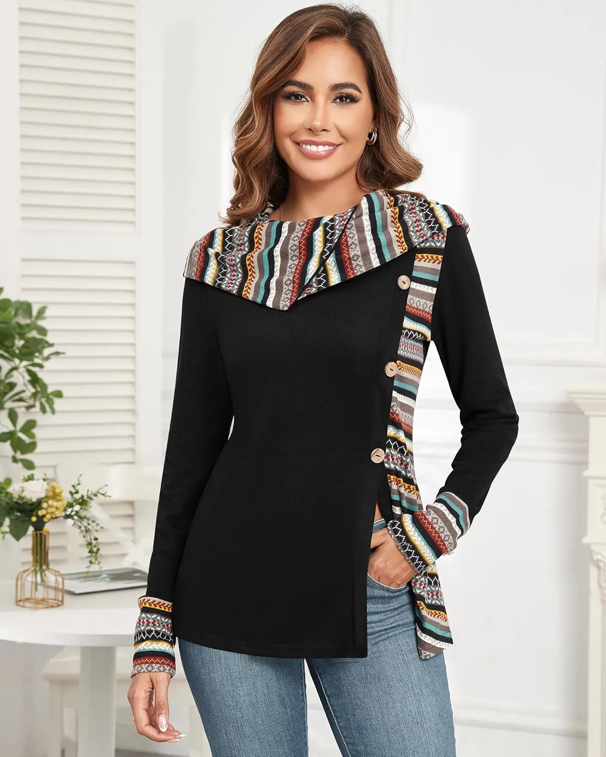 ZAFUL Women's Hoodies Long Sleeve Cowl Neck Button Hooded Shirts Knit Tops 2024 Fall Outfits Casual Boho Pullover Sweatshirt