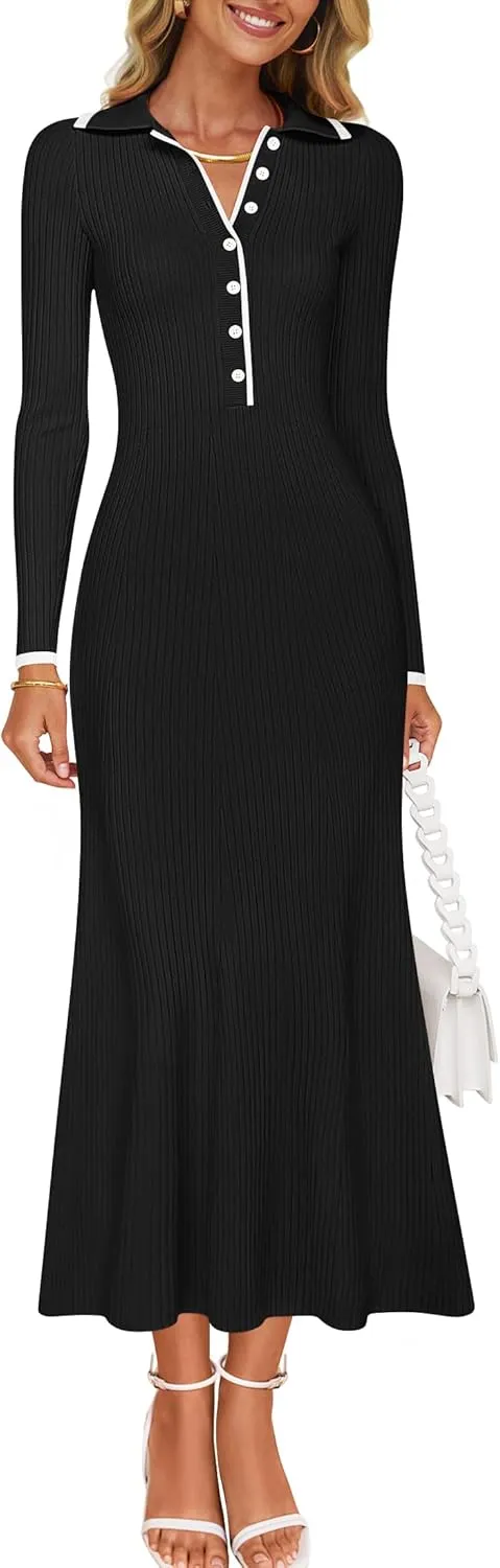 ZESICA Women's Long Sleeve Sweater Dress 2025 Spring V Neck Ribbed Knit Casual Formal Cocktail Bodycon Maxi Dresses