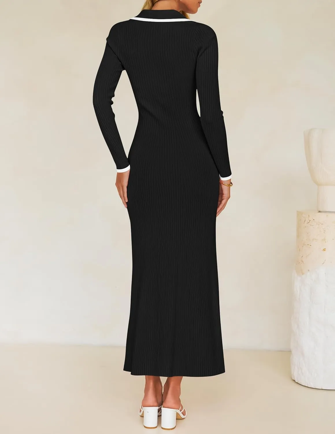 ZESICA Women's Long Sleeve Sweater Dress 2025 Spring V Neck Ribbed Knit Casual Formal Cocktail Bodycon Maxi Dresses