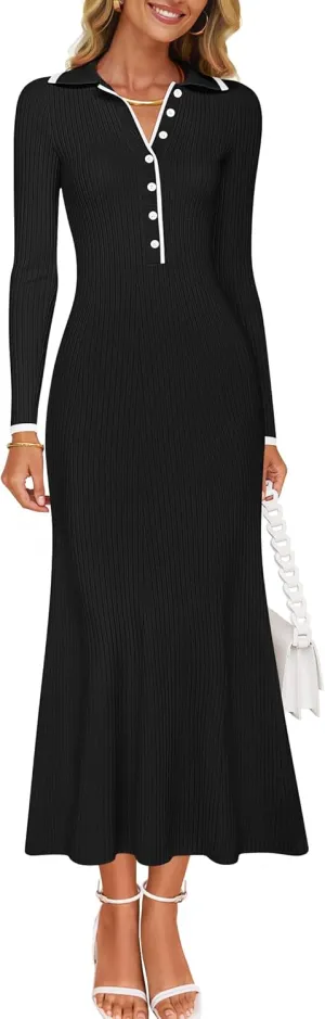 ZESICA Women's Long Sleeve Sweater Dress 2025 Spring V Neck Ribbed Knit Casual Formal Cocktail Bodycon Maxi Dresses
