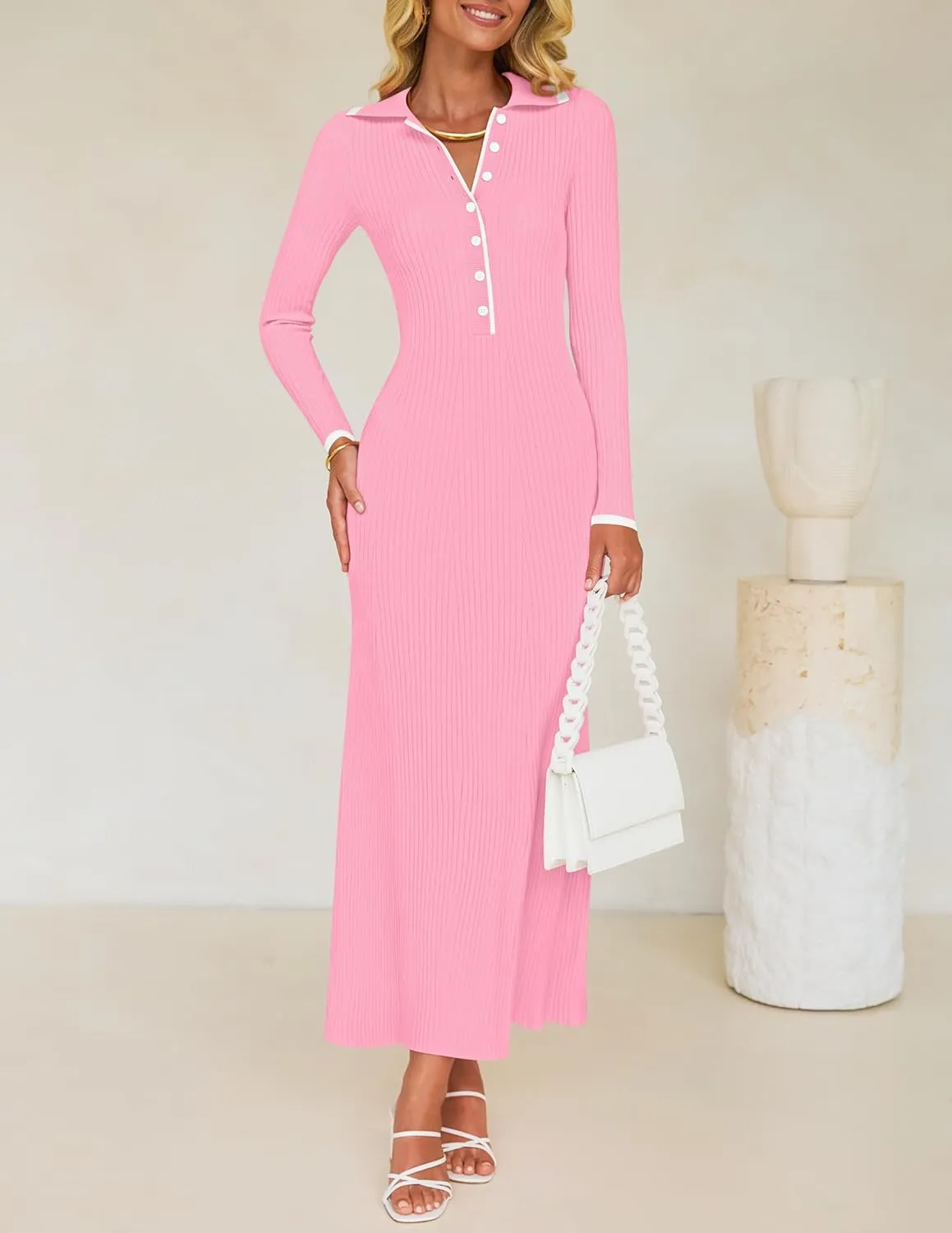 ZESICA Women's Long Sleeve Sweater Dress 2025 Spring V Neck Ribbed Knit Casual Formal Cocktail Bodycon Maxi Dresses