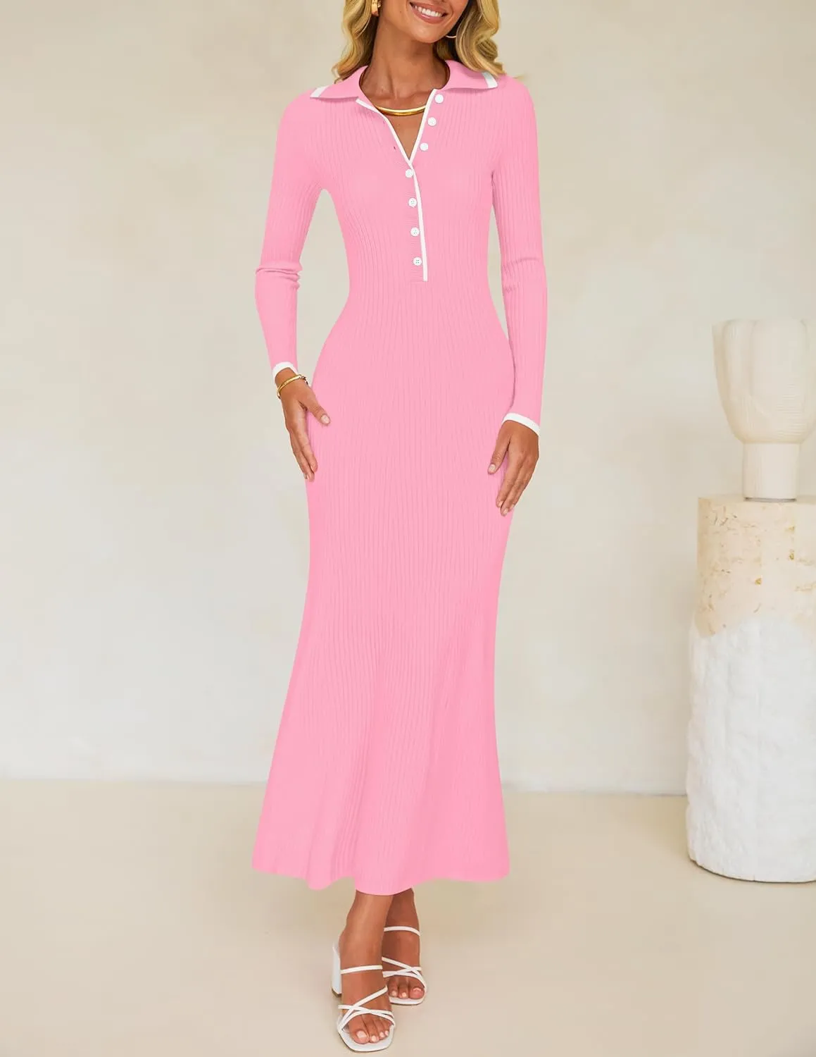 ZESICA Women's Long Sleeve Sweater Dress 2025 Spring V Neck Ribbed Knit Casual Formal Cocktail Bodycon Maxi Dresses