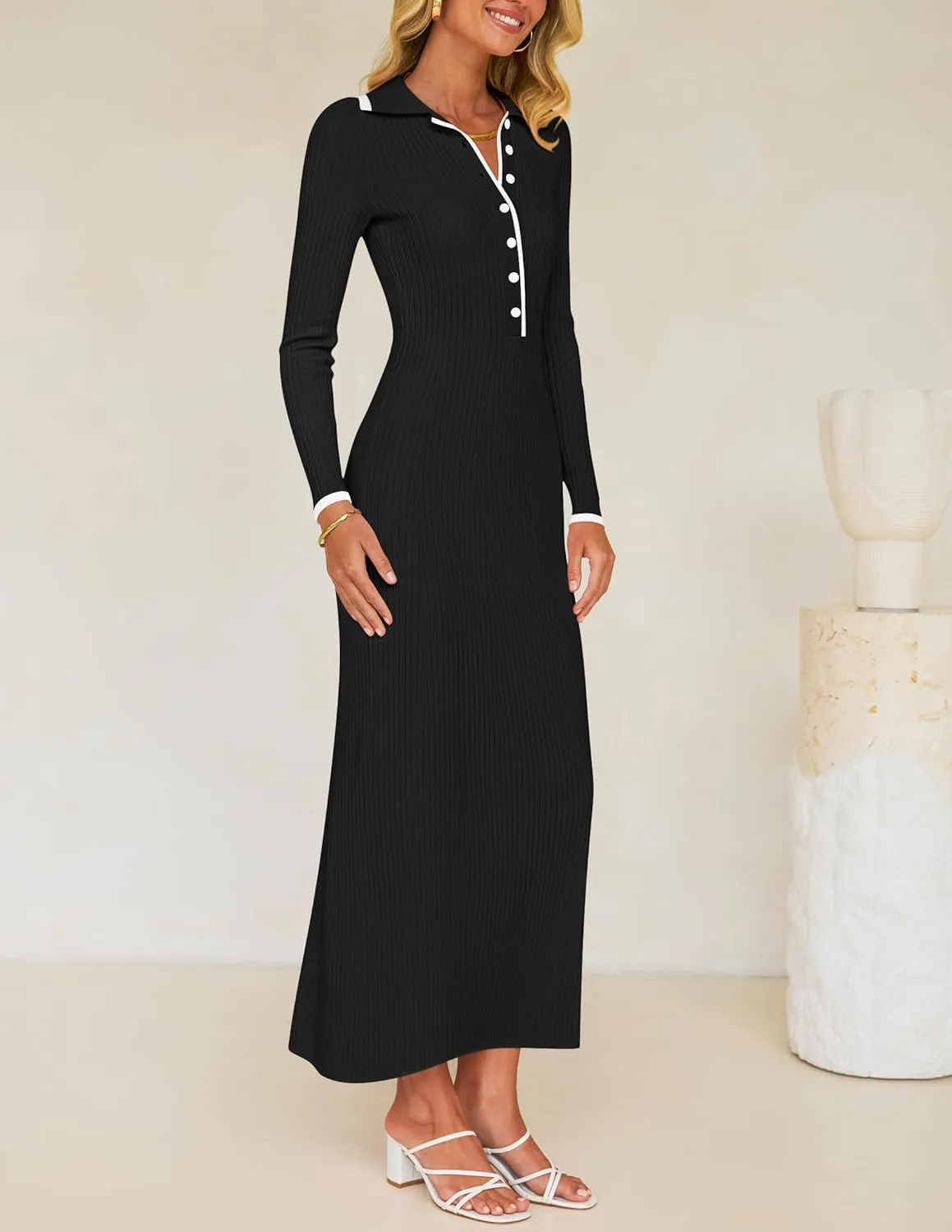 ZESICA Women's Long Sleeve Sweater Dress 2025 Spring V Neck Ribbed Knit Casual Formal Cocktail Bodycon Maxi Dresses