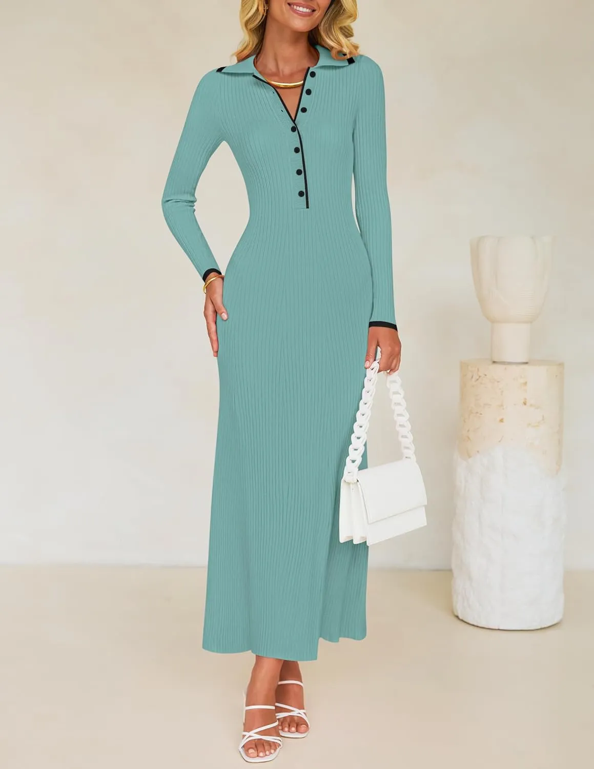 ZESICA Women's Long Sleeve Sweater Dress 2025 Spring V Neck Ribbed Knit Casual Formal Cocktail Bodycon Maxi Dresses