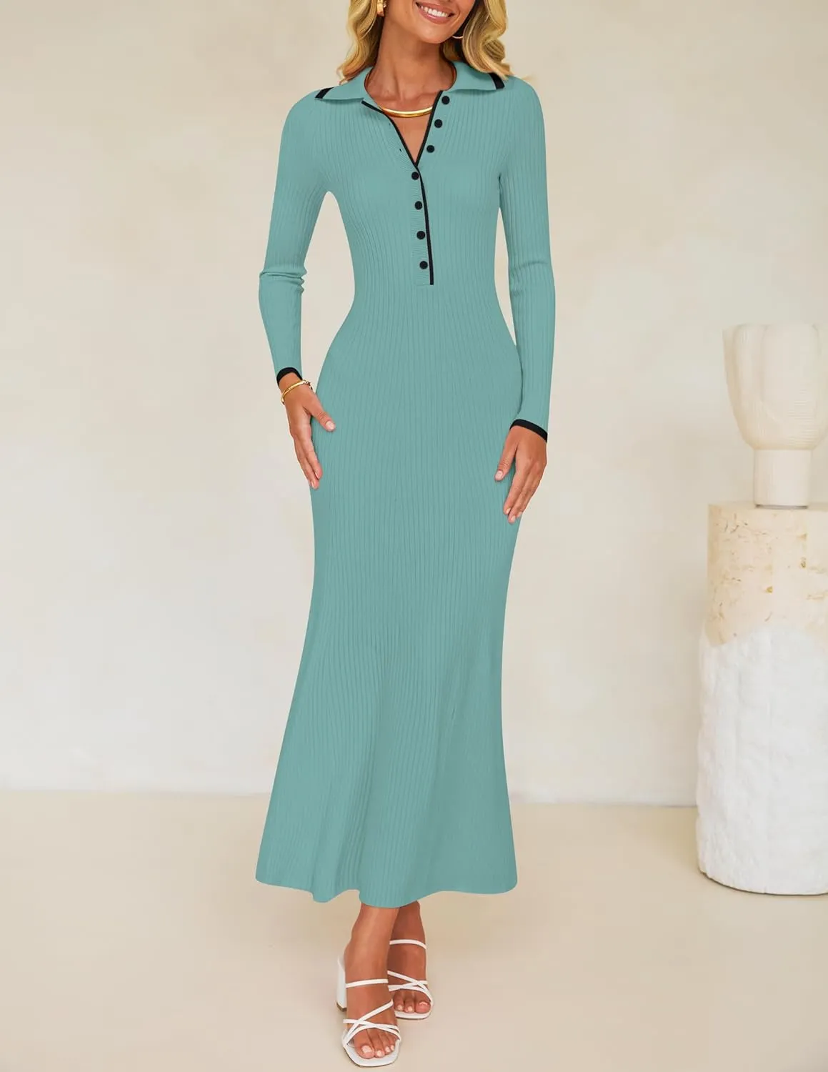 ZESICA Women's Long Sleeve Sweater Dress 2025 Spring V Neck Ribbed Knit Casual Formal Cocktail Bodycon Maxi Dresses