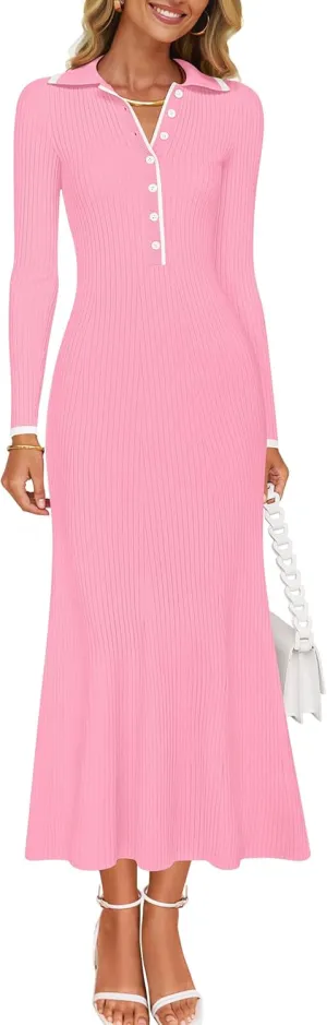 ZESICA Women's Long Sleeve Sweater Dress 2025 Spring V Neck Ribbed Knit Casual Formal Cocktail Bodycon Maxi Dresses