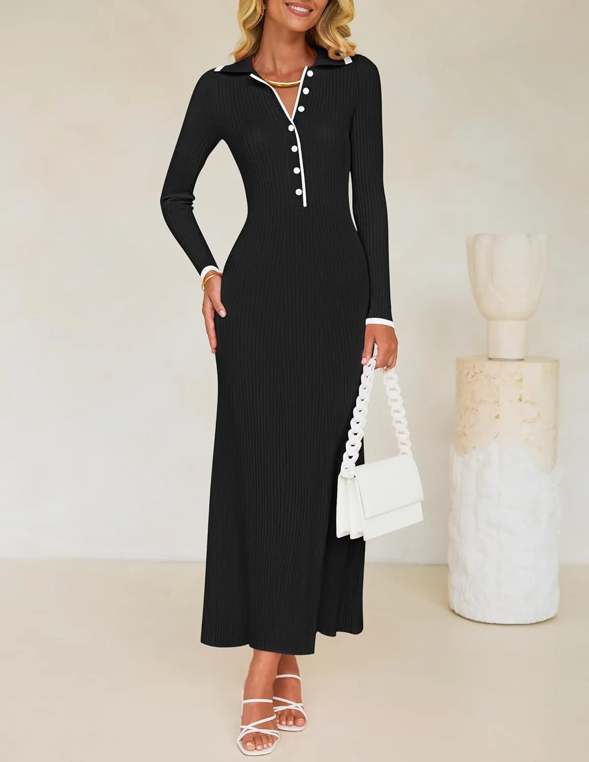 ZESICA Women's Long Sleeve Sweater Dress 2025 Spring V Neck Ribbed Knit Casual Formal Cocktail Bodycon Maxi Dresses