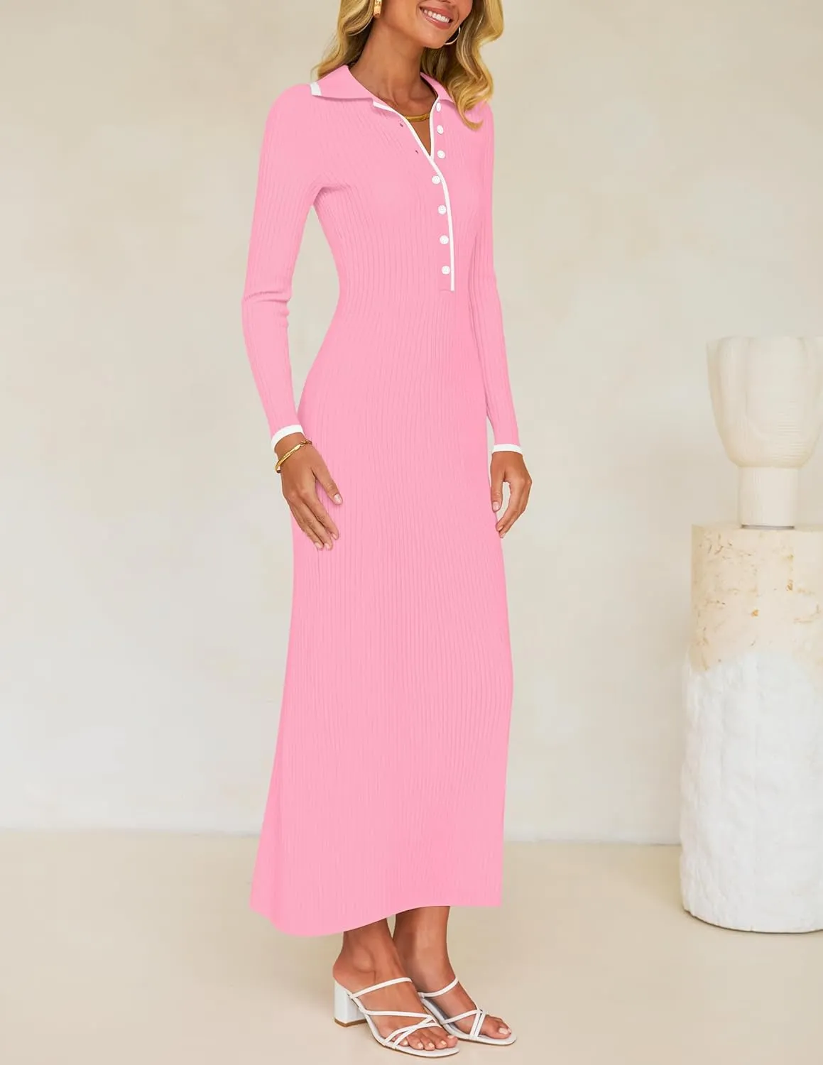 ZESICA Women's Long Sleeve Sweater Dress 2025 Spring V Neck Ribbed Knit Casual Formal Cocktail Bodycon Maxi Dresses
