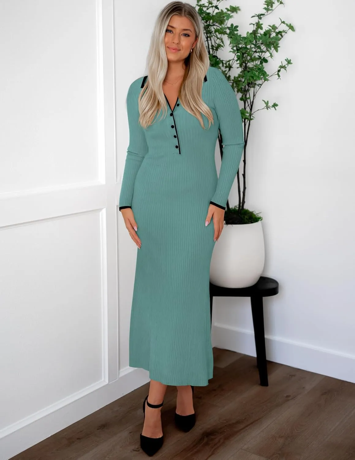 ZESICA Women's Long Sleeve Sweater Dress 2025 Spring V Neck Ribbed Knit Casual Formal Cocktail Bodycon Maxi Dresses
