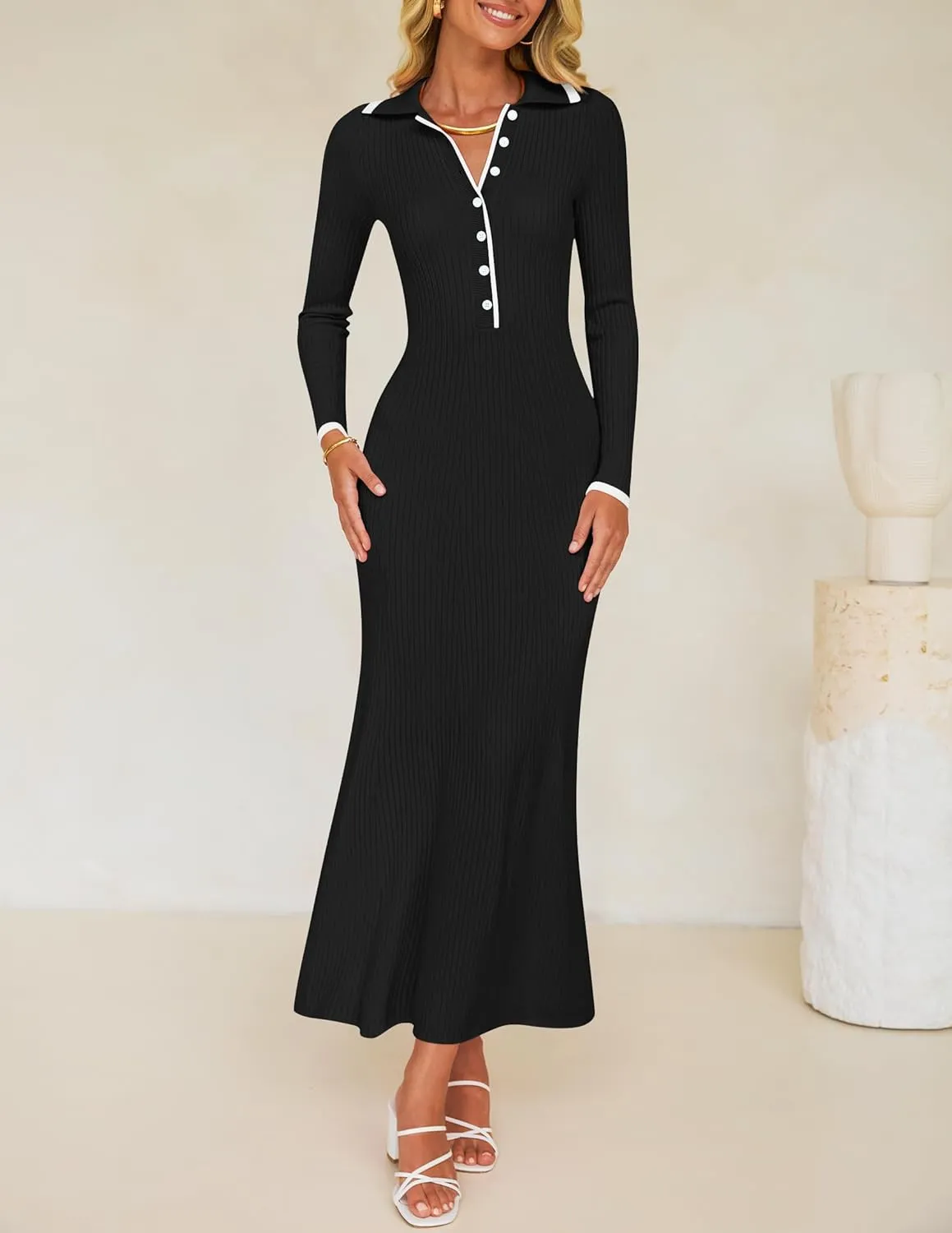 ZESICA Women's Long Sleeve Sweater Dress 2025 Spring V Neck Ribbed Knit Casual Formal Cocktail Bodycon Maxi Dresses
