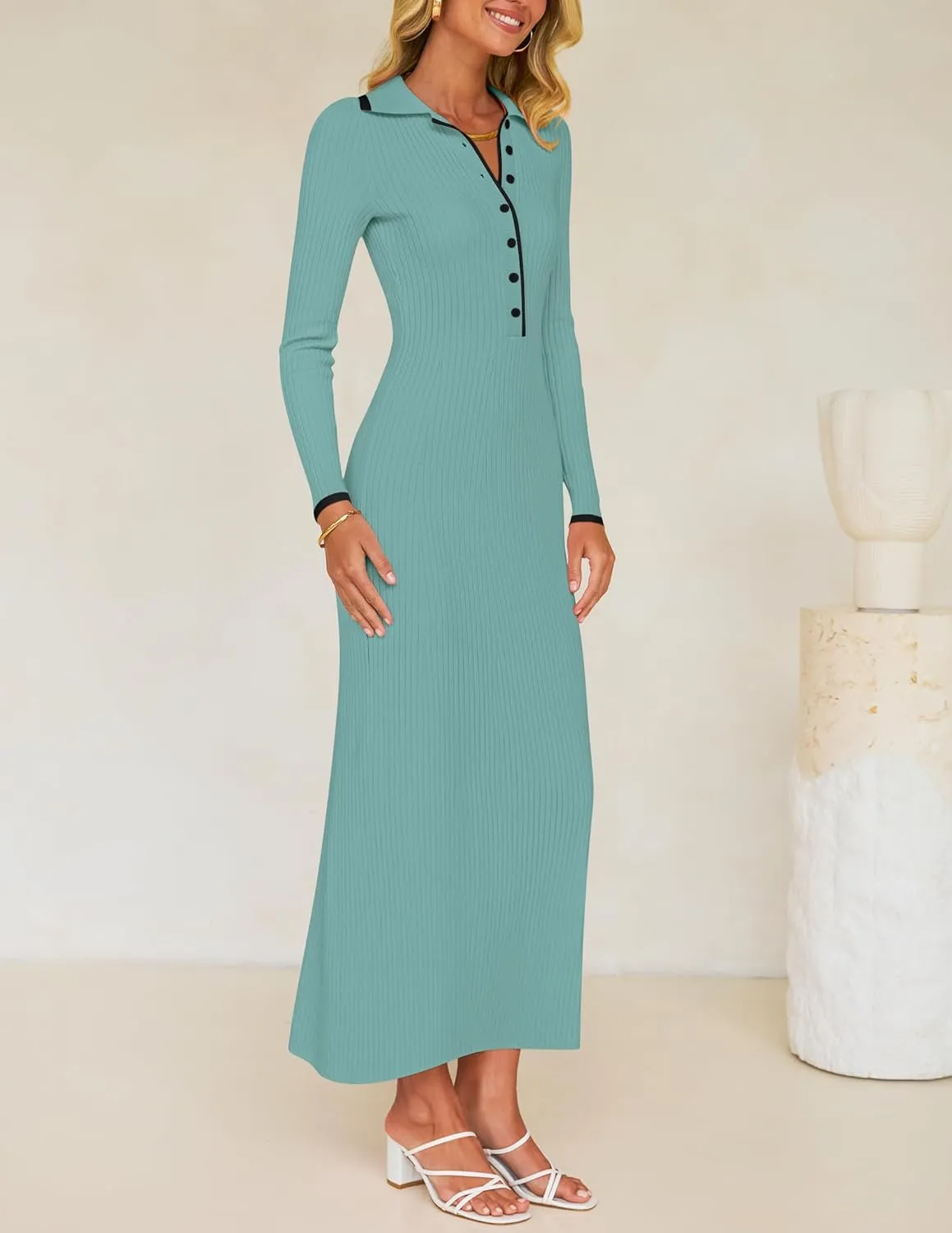 ZESICA Women's Long Sleeve Sweater Dress 2025 Spring V Neck Ribbed Knit Casual Formal Cocktail Bodycon Maxi Dresses