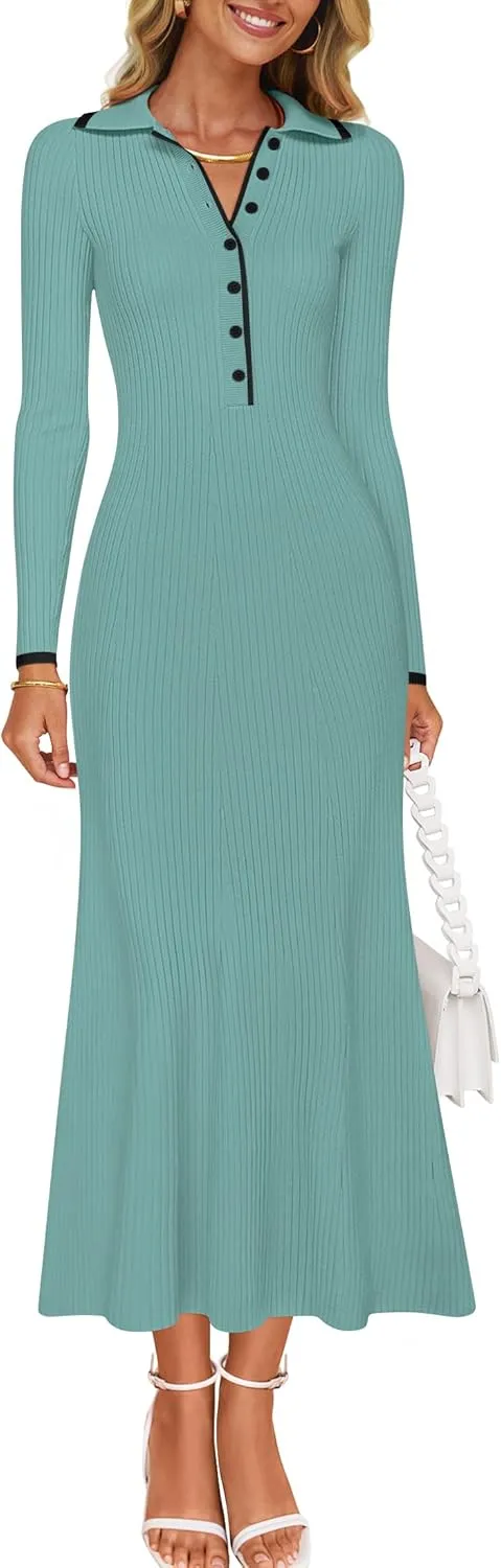ZESICA Women's Long Sleeve Sweater Dress 2025 Spring V Neck Ribbed Knit Casual Formal Cocktail Bodycon Maxi Dresses